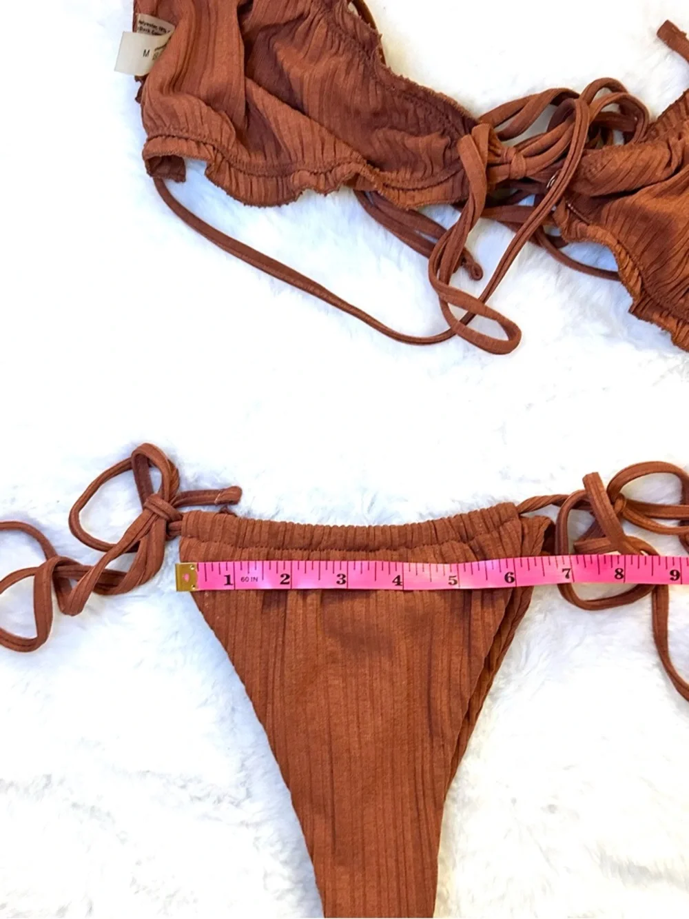 SHEIN Ribbed Burnt Orange Brown 3 Piece Tie Bikini Set Cover Up Sarong Medium